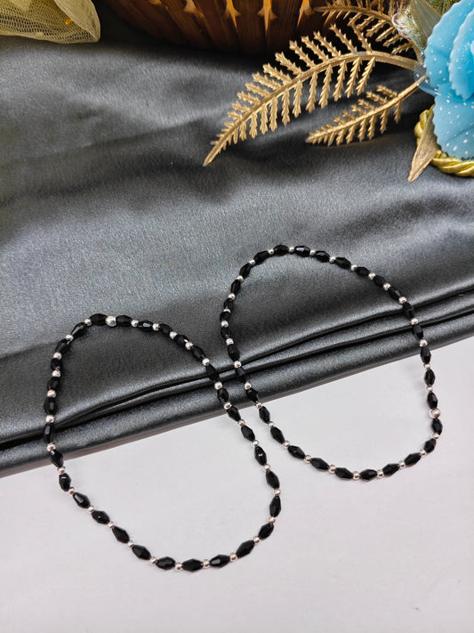 925 Silver Adults Nazariya Silver Beads With Black Beads in Plastic Stretchable Anklet Pair