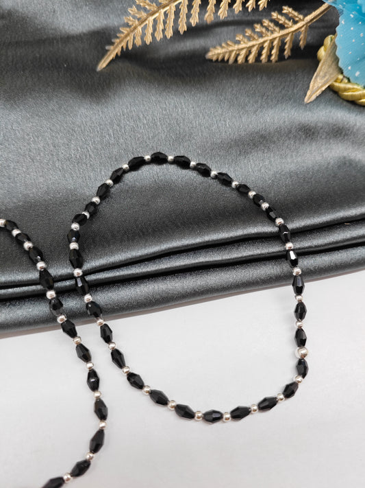 925 Silver Adults Nazariya Silver Beads With Black Beads in Plastic Stretchable Anklet Pair