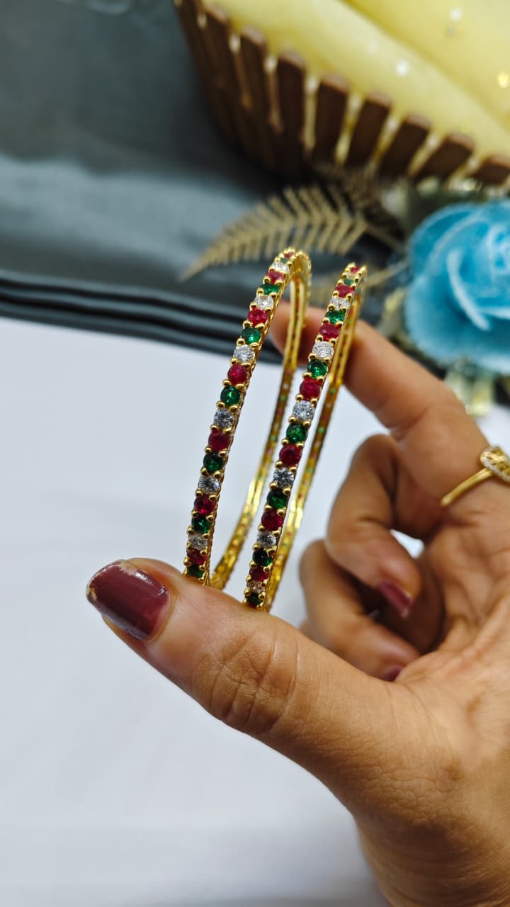 925 Silver Gold Colour Red/ Green/ White Stone Design Bangle Pair