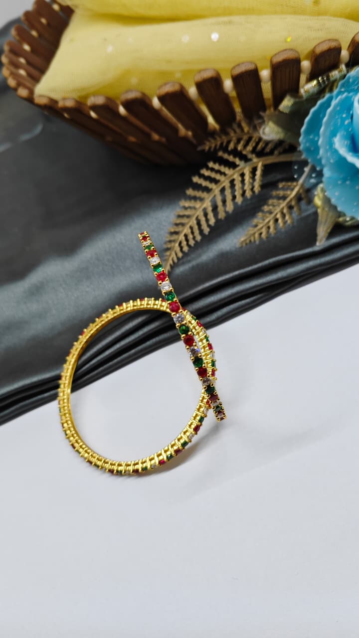925 Silver Gold Colour Red/ Green/ White Stone Design Bangle Pair