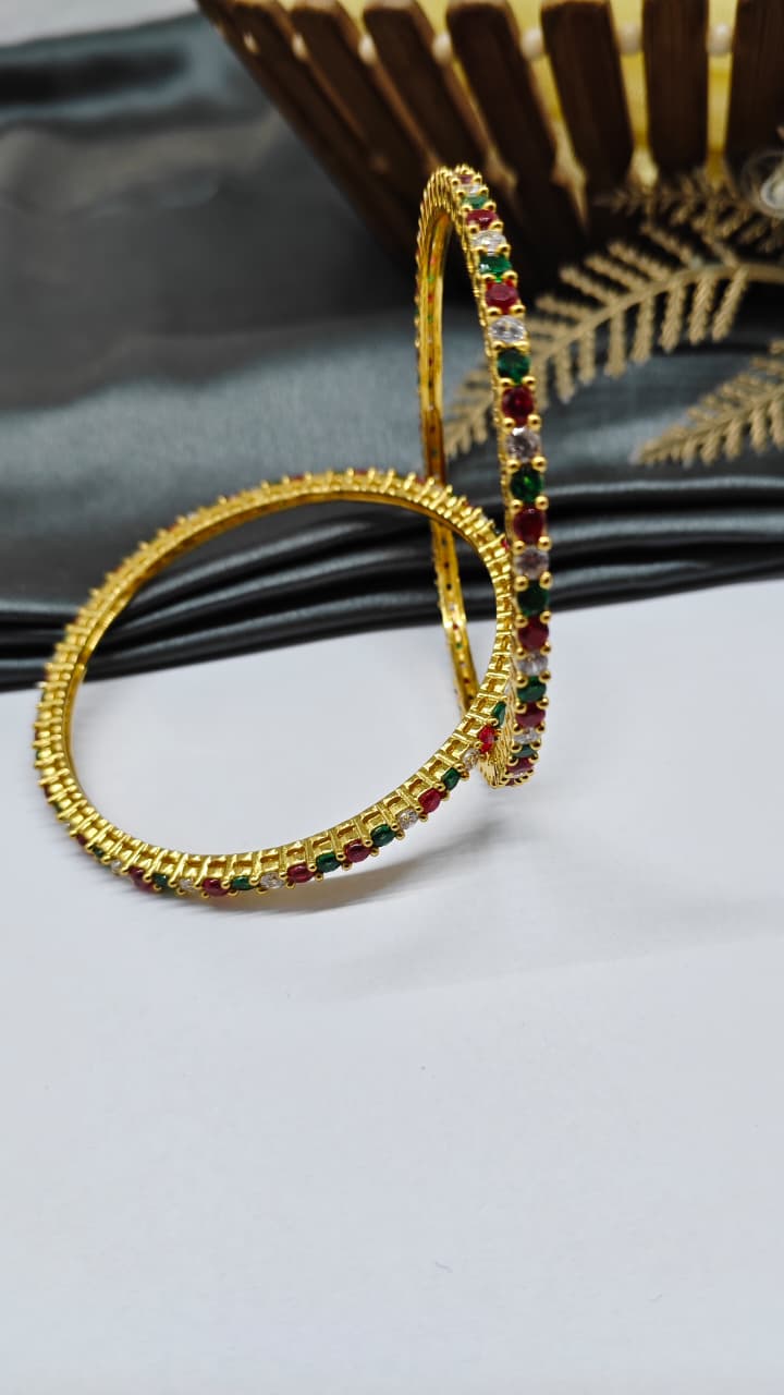 925 Silver Gold Colour Red/ Green/ White Stone Design Bangle Pair