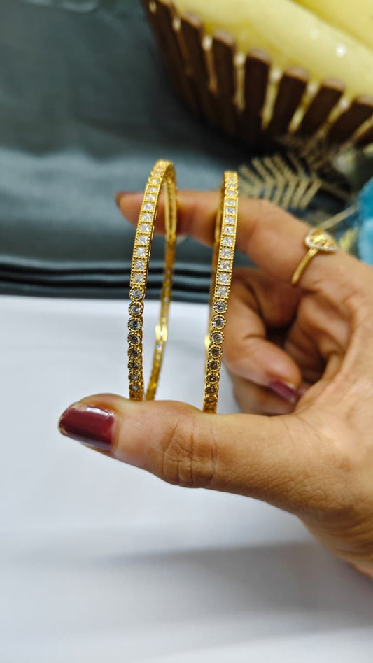 925 Silver Gold Colour White Stone Design Bangle Pair