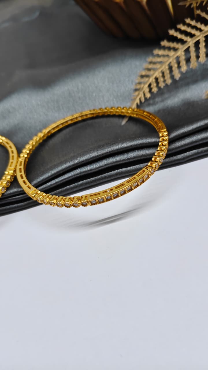 925 Silver Gold Colour White Stone Design Bangle Pair
