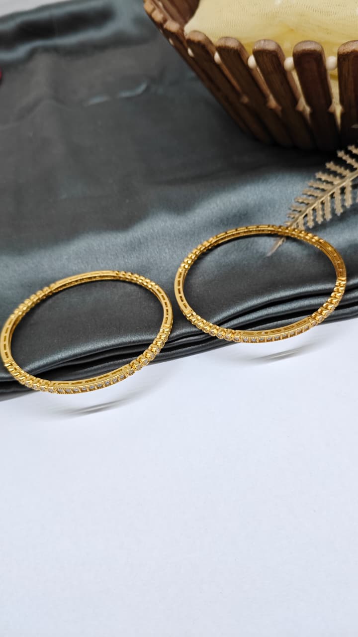 925 Silver Gold Colour White Stone Design Bangle Pair