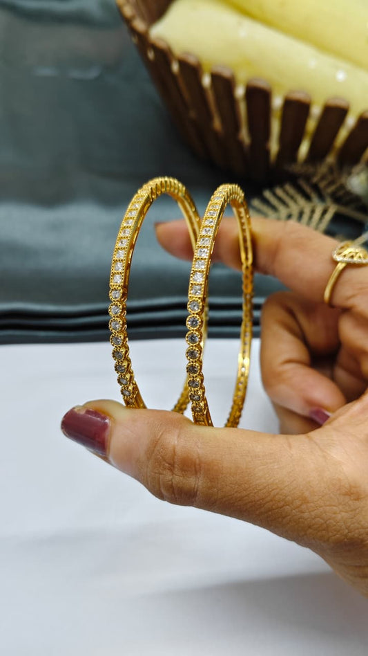 925 Silver Gold Colour White Stone Design Bangle Pair