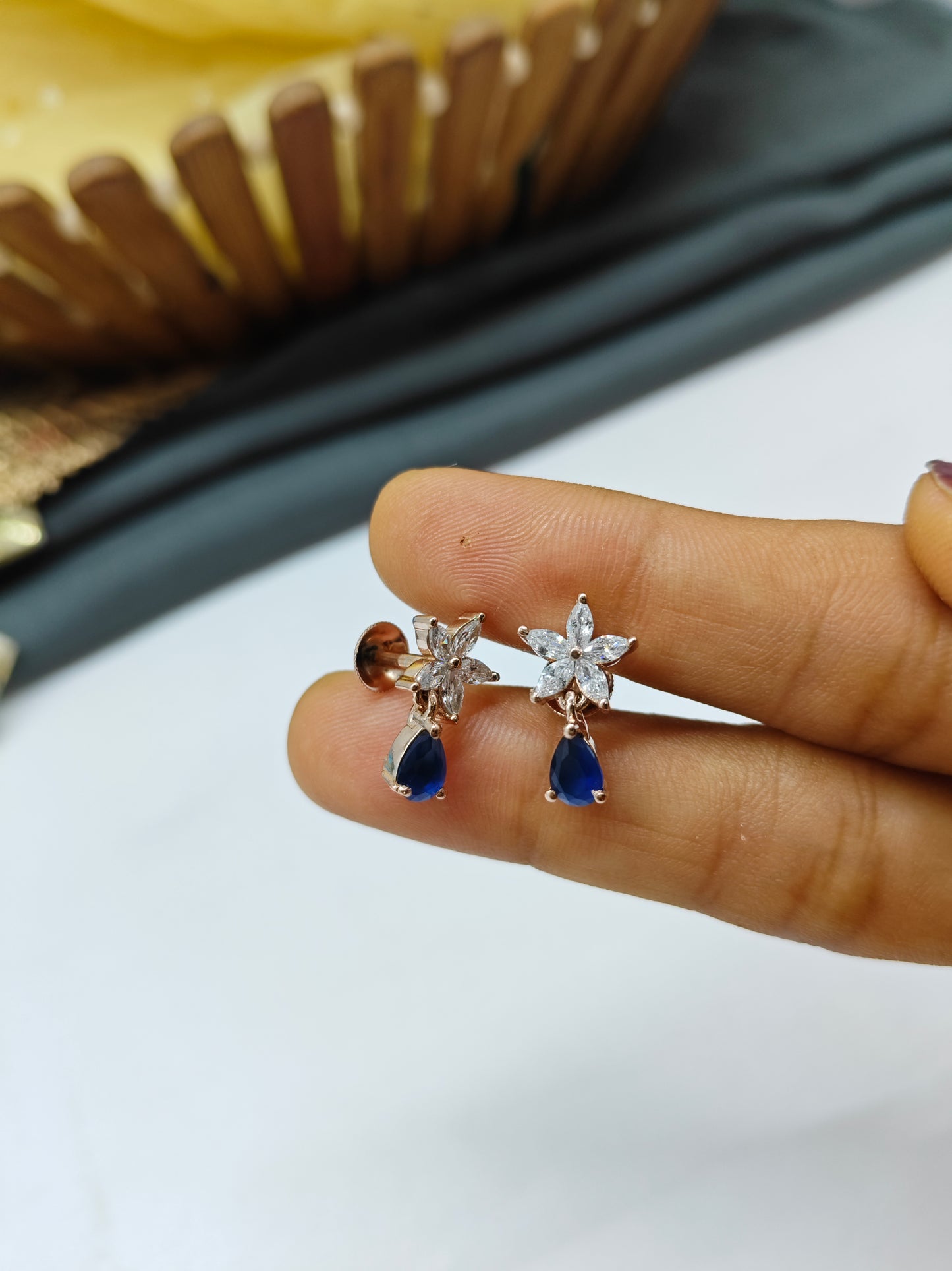 925 Silver Rose Gold Big Star Thongal Design With Blue Stone Earrings