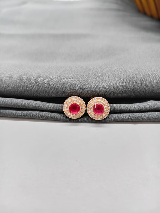 925 Silver Rose Gold Ruby With White Stone Round Earrings