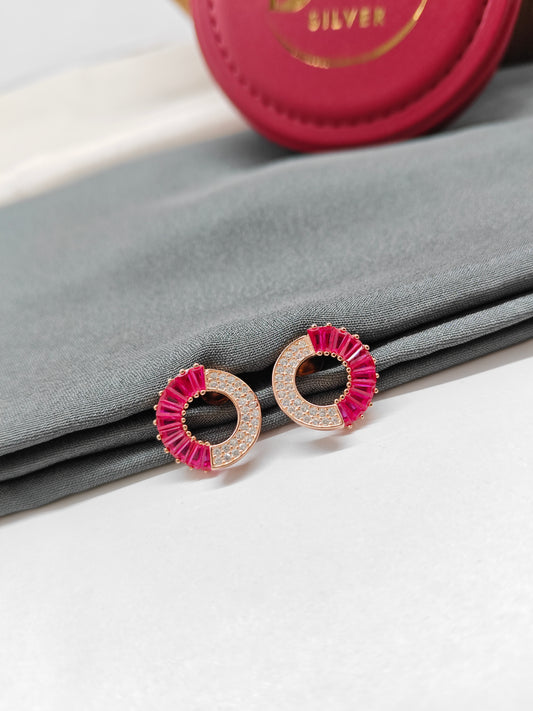 925 Silver Rose Gold Big Round Ruby And White Stones Earrings