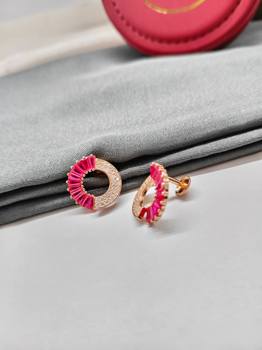 925 Silver Rose Gold Big Round Ruby And White Stones Earrings