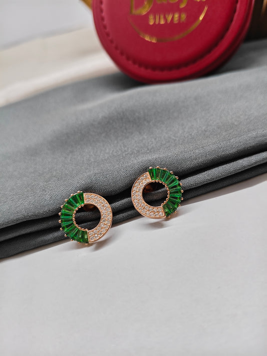 925 Silver Rose Gold Big Emerald With White Stones Earrings