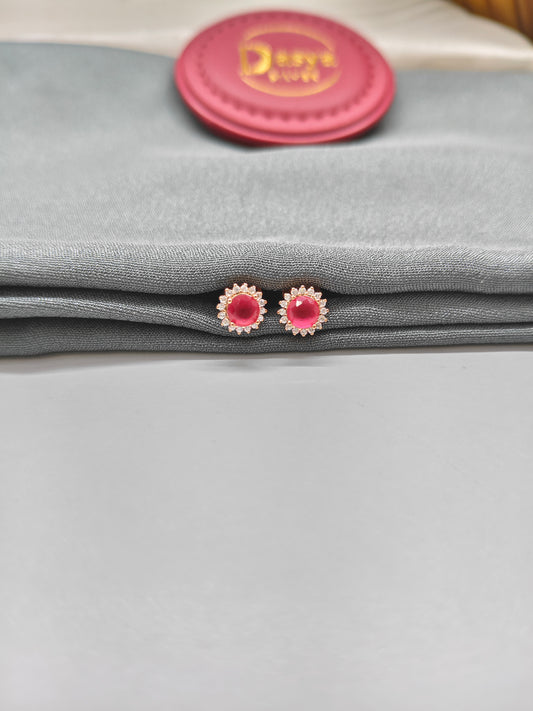 925 Silver Rose Gold Small Ruby With White Stone Earrings