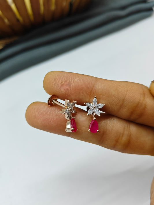 925 Silver Rose Gold Big Star Thongal Design With Red Stone Earrings