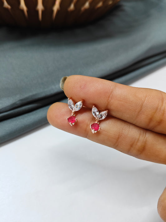 925 Silver Rose Gold White With Ruby Hanging Earrings