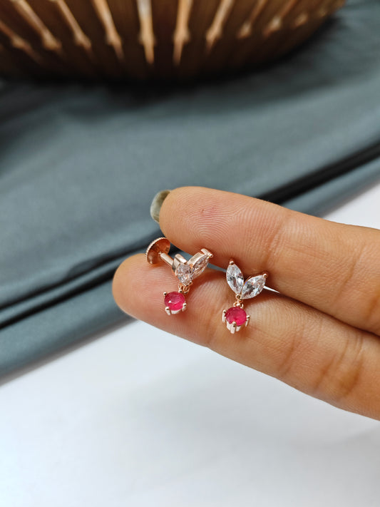 925 Silver Rose Gold White With Ruby Hanging Earrings