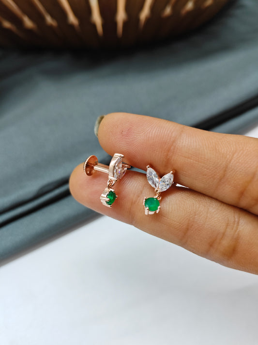 925 Silver Rose Gold White With Emerald Hanging Earrings