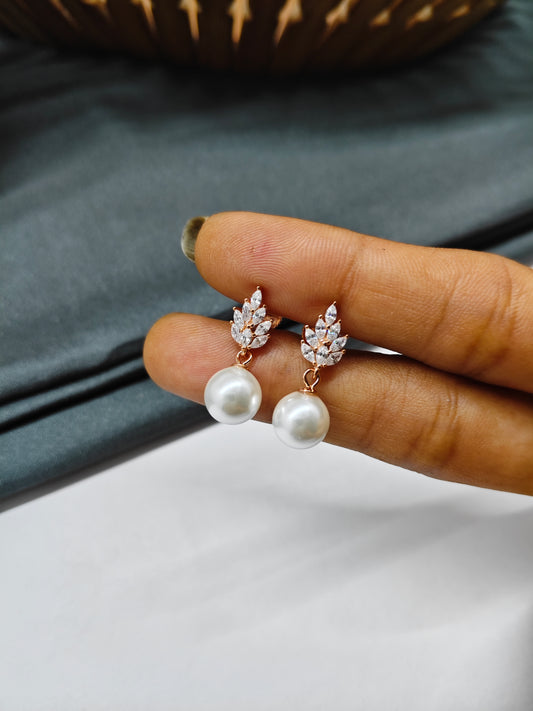 925 Silver Rose Gold Leaf With Pearl Hanging Earrings