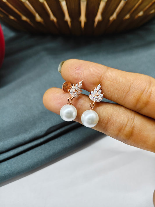 925 Silver Rose Gold Leaf With Pearl Hanging Earrings