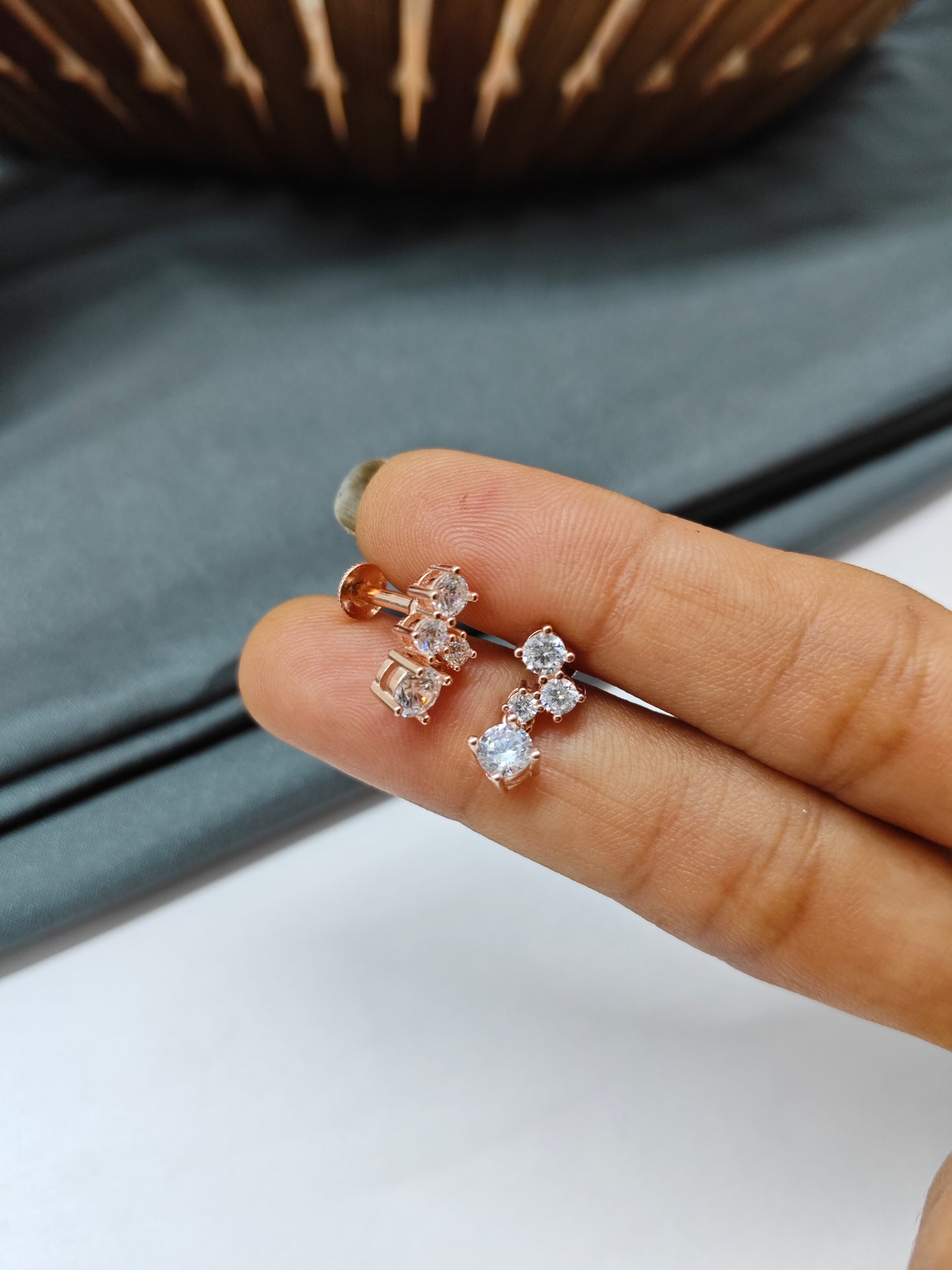 925 Silver Rose Gold White Stone Small Hanging Earrings