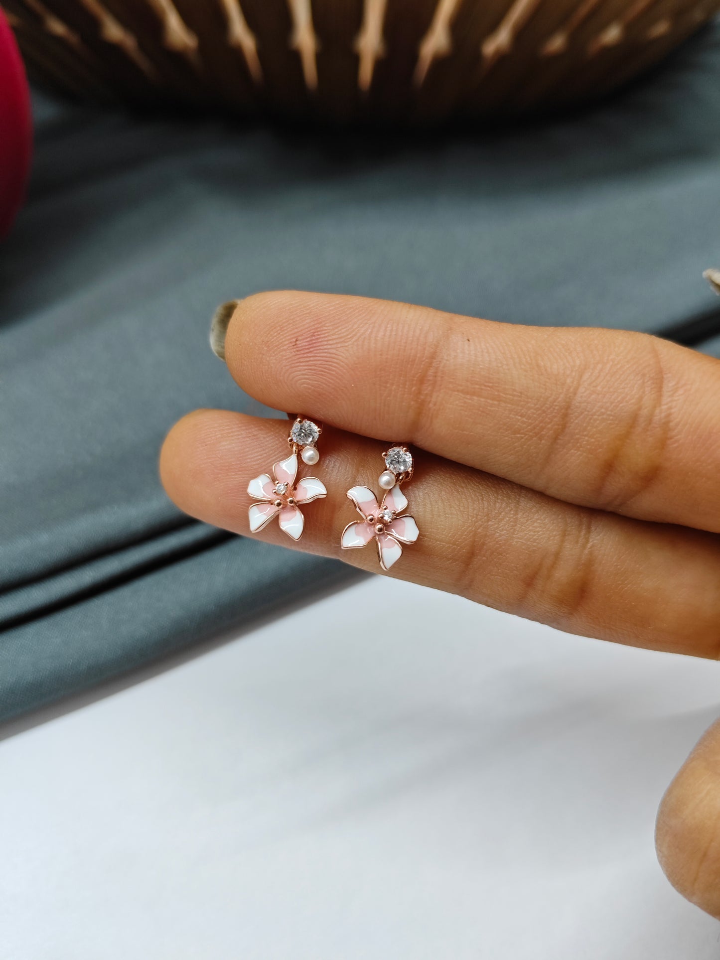 925 Silver Rose Gold Enamel Flower Hanging Earrings