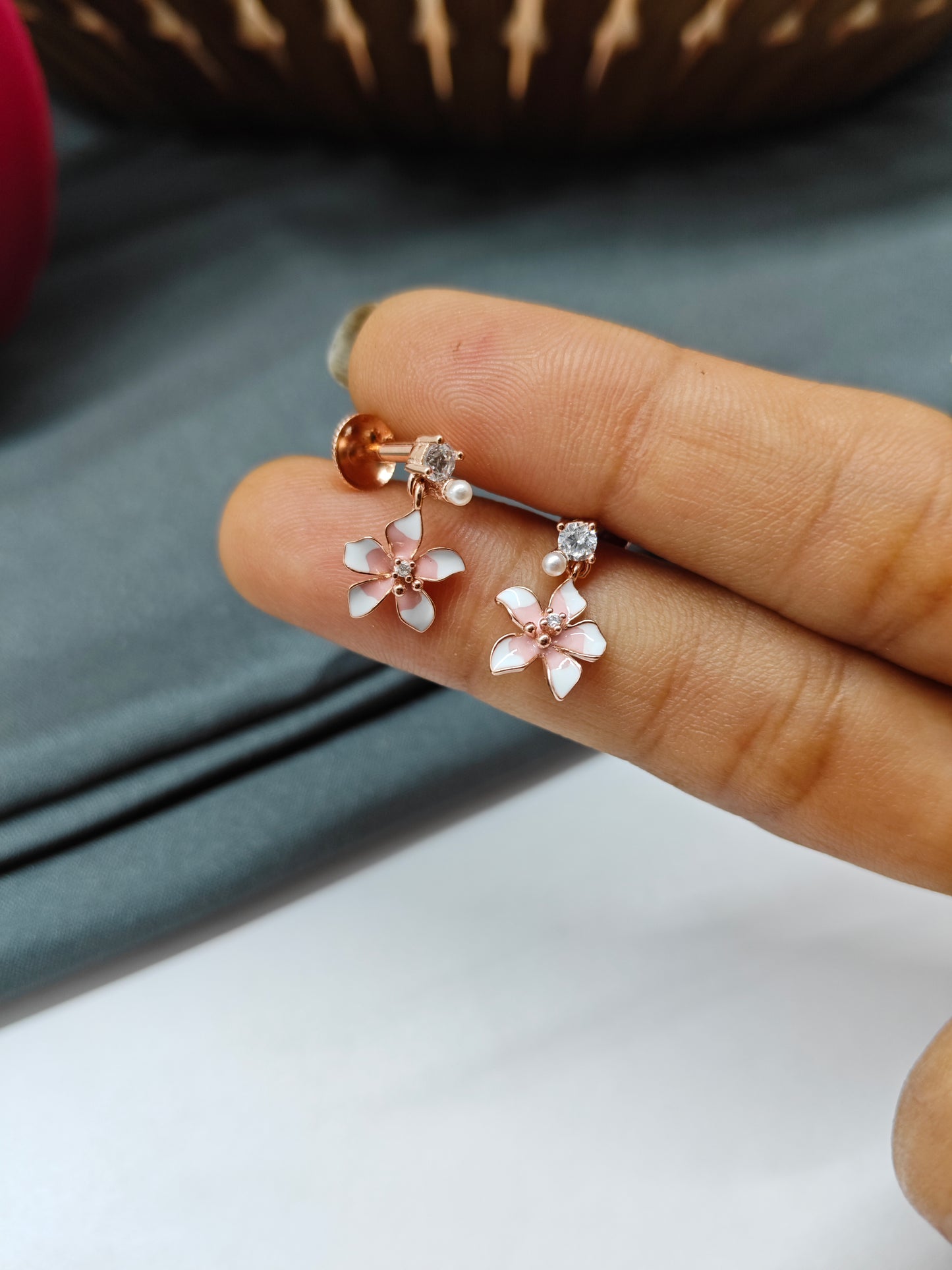 925 Silver Rose Gold Enamel Flower Hanging Earrings