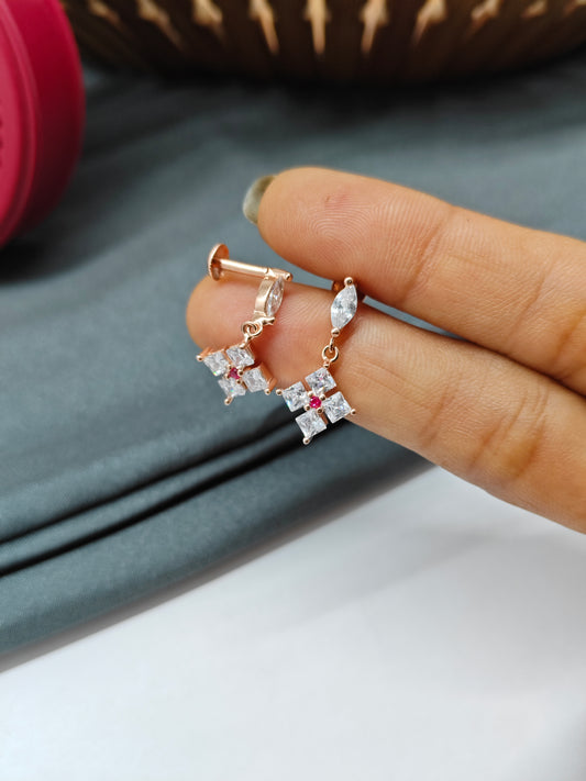 925 Silver Rose Gold White With Ruby Stone Hanging Earrings