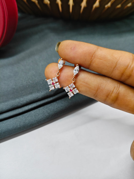 925 Silver Rose Gold White With Ruby Stone Hanging Earrings