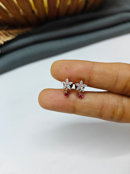 925 Silver Rose Gold Small Star Thongal Design With Red Stone Earrings