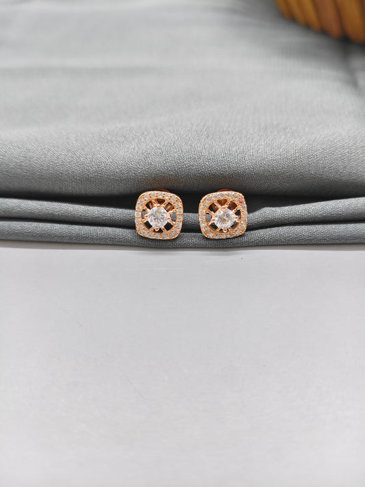 925 Silver Rose Gold Box Design White Stone Earrings