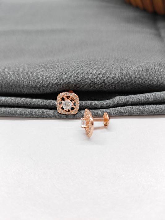 925 Silver Rose Gold Box Design White Stone Earrings