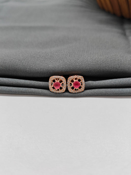 925 Silver Rose Gold Box Design Ruby With White Stone Earrings