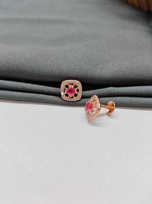 925 Silver Rose Gold Box Design Ruby With White Stone Earrings