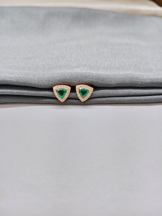 925 Silver Rose Gold Triangle Design Emerald With White Stone Earrings