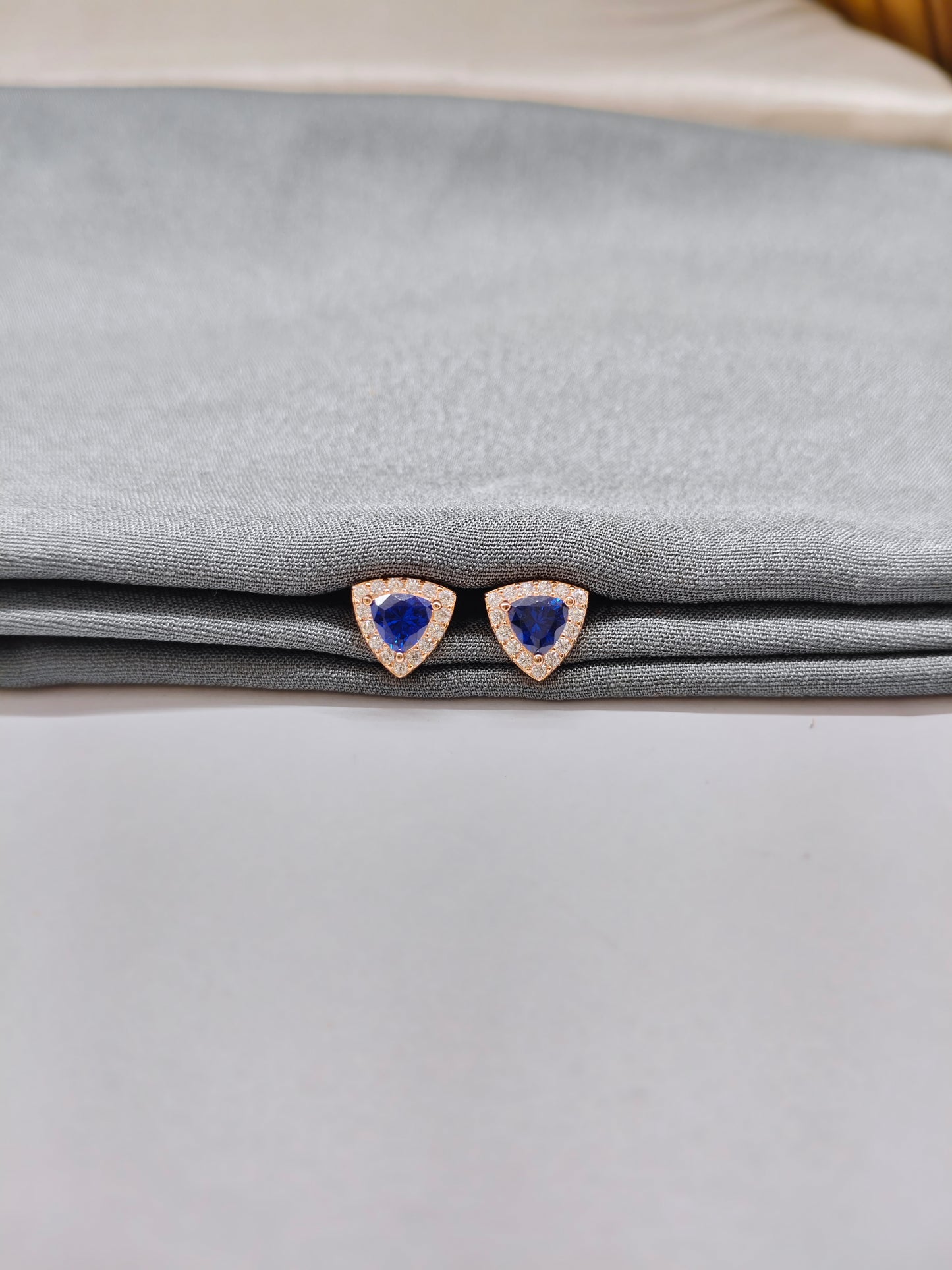 925 Silver Rose Gold Triangle Blue With White Stone Earrings