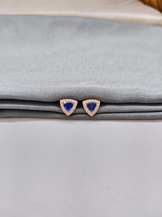 925 Silver Rose Gold Triangle Blue With White Stone Earrings