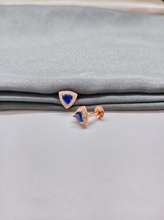 925 Silver Rose Gold Triangle Blue With White Stone Earrings
