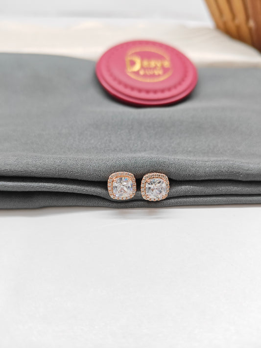925 Silver Rose Gold Square Design White Stone Earrings