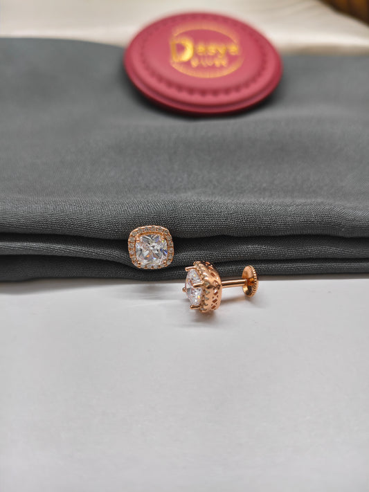 925 Silver Rose Gold Square Design White Stone Earrings
