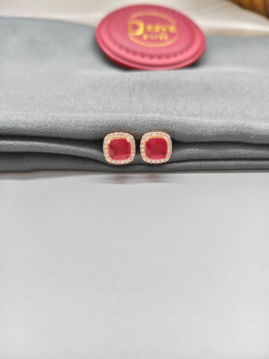925 Silver Rose Gold Square Design Ruby With White Stone Earrings
