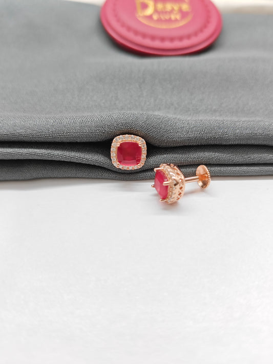 925 Silver Rose Gold Square Design Ruby With White Stone Earrings