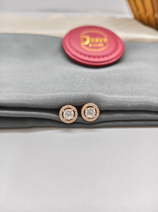 925 Silver Rose Gold Round Design White Stone Earrings