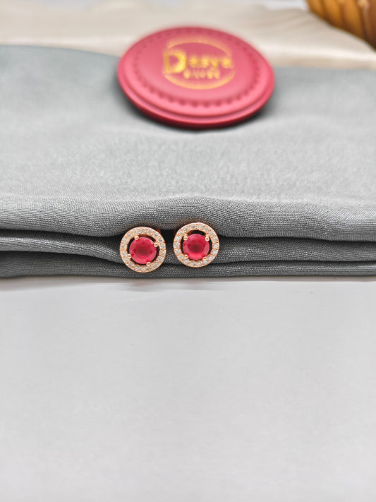 925 Silver Rose Gold Round Design Ruby With White Stone Earrings