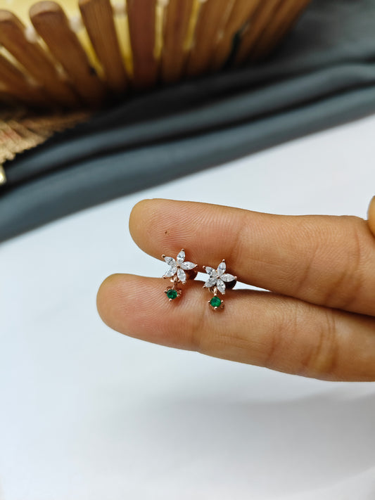 925 Silver Rose Gold Small Star Thongal Design With Green Stone Earrings