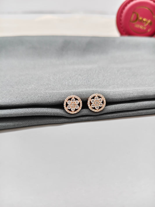 925 Silver Rose Gold Round Star Design White Stone Earrings