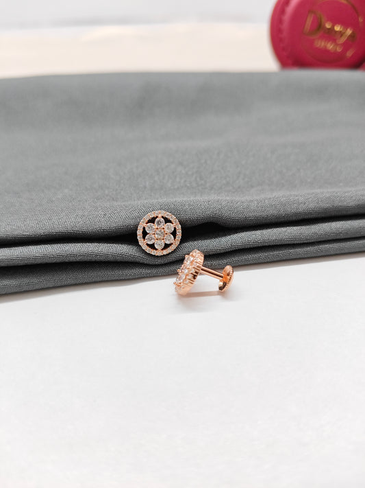 925 Silver Rose Gold Round Star Design White Stone Earrings
