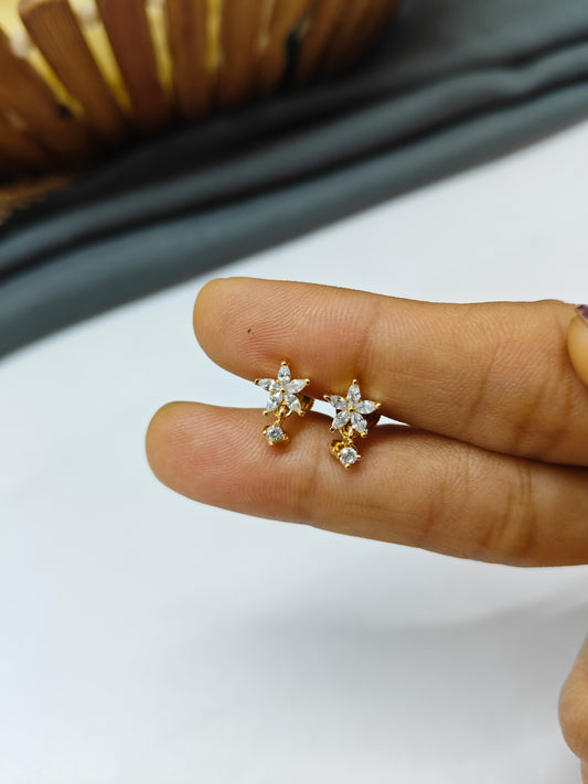 925 Silver Gold Small Star Thongal Design With White Stone Earrings