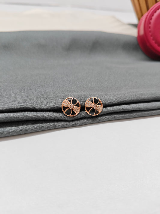 925 Silver Rose Gold Round Design Black Enamel With White Stone Earrings