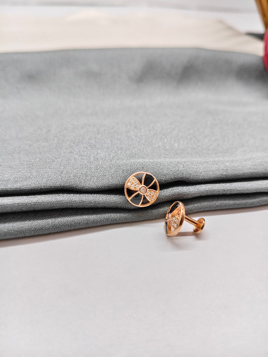 925 Silver Rose Gold Round Design Black Enamel With White Stone Earrings