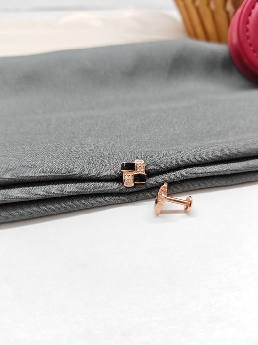 925 Silver Rose Gold Square Design Black Enamel With White Stone Earrings