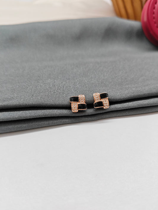 925 Silver Rose Gold Square Design Black Enamel With White Stone Earrings
