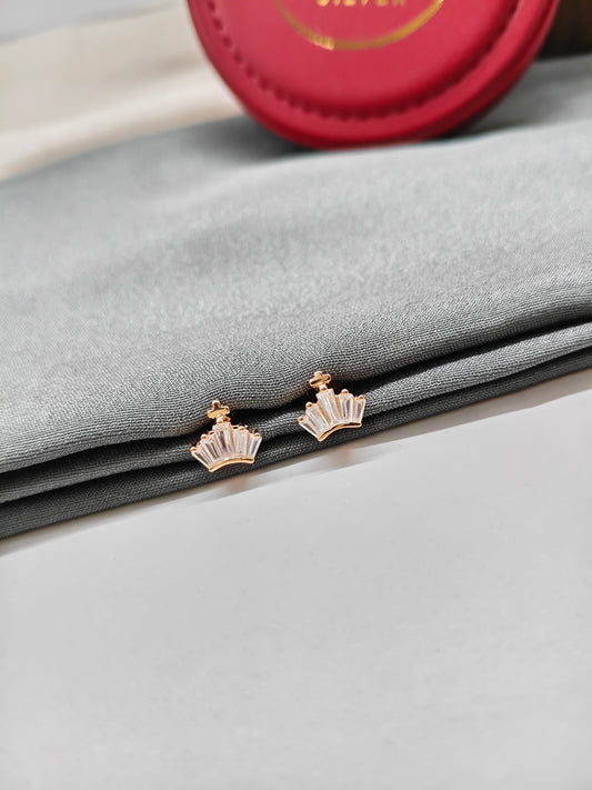 925 Silver Rose Gold Crown Design White Stone Earrings